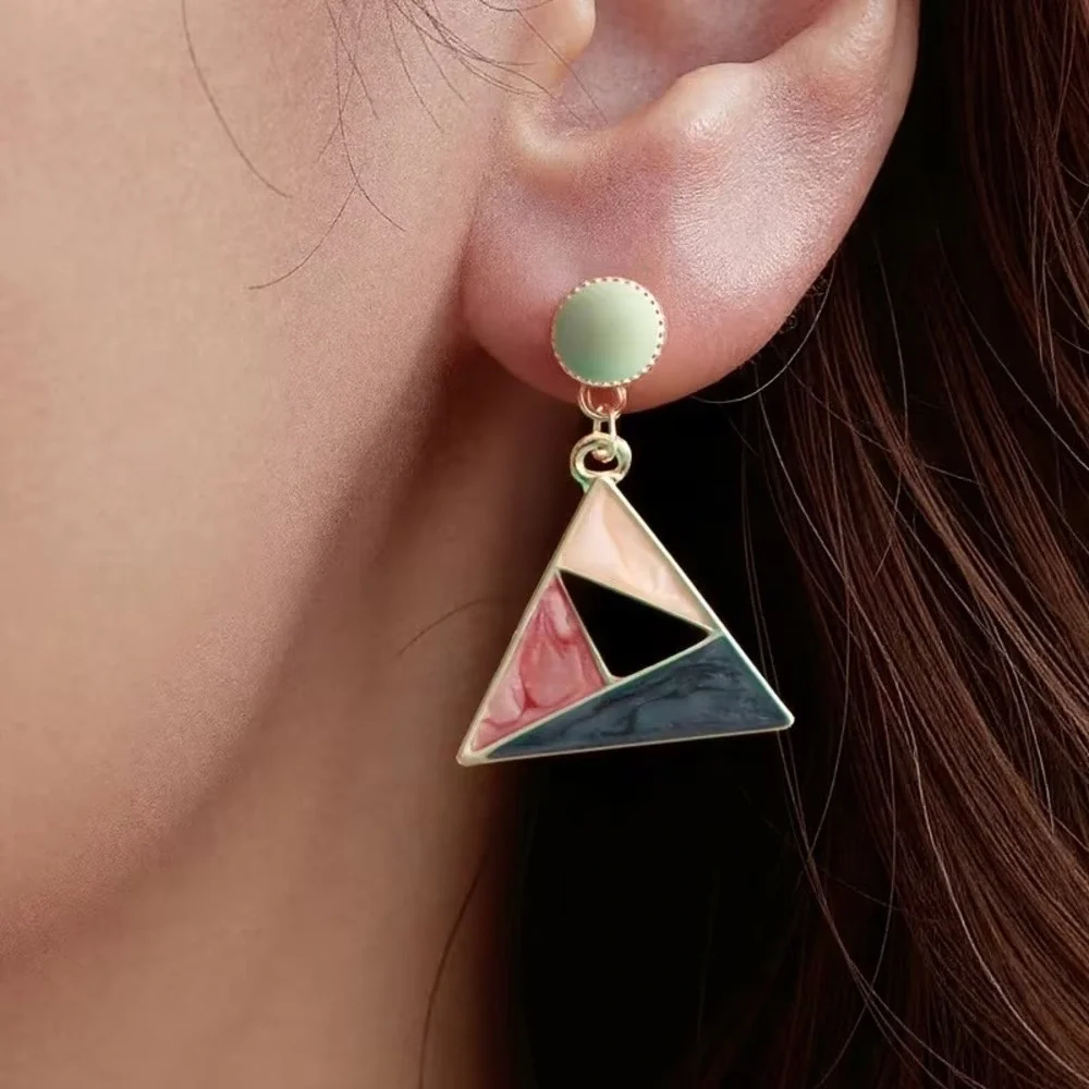 Vintage Inspired Geometric Triangle Enamel Drop Earrings Gold Tone Multicolor